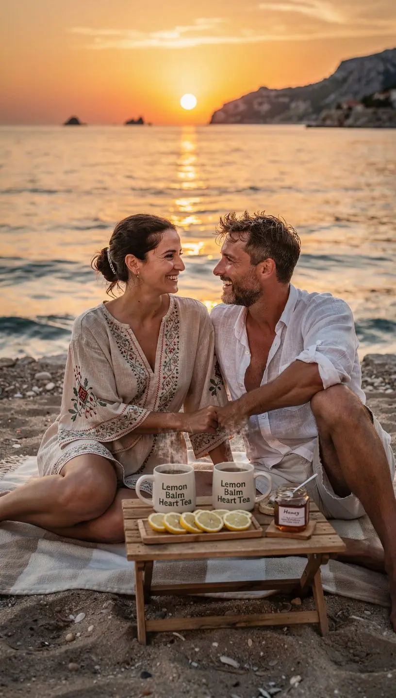 Šalica čaja od melise na stolu s prirodnim dekoracijama i cvijećem.