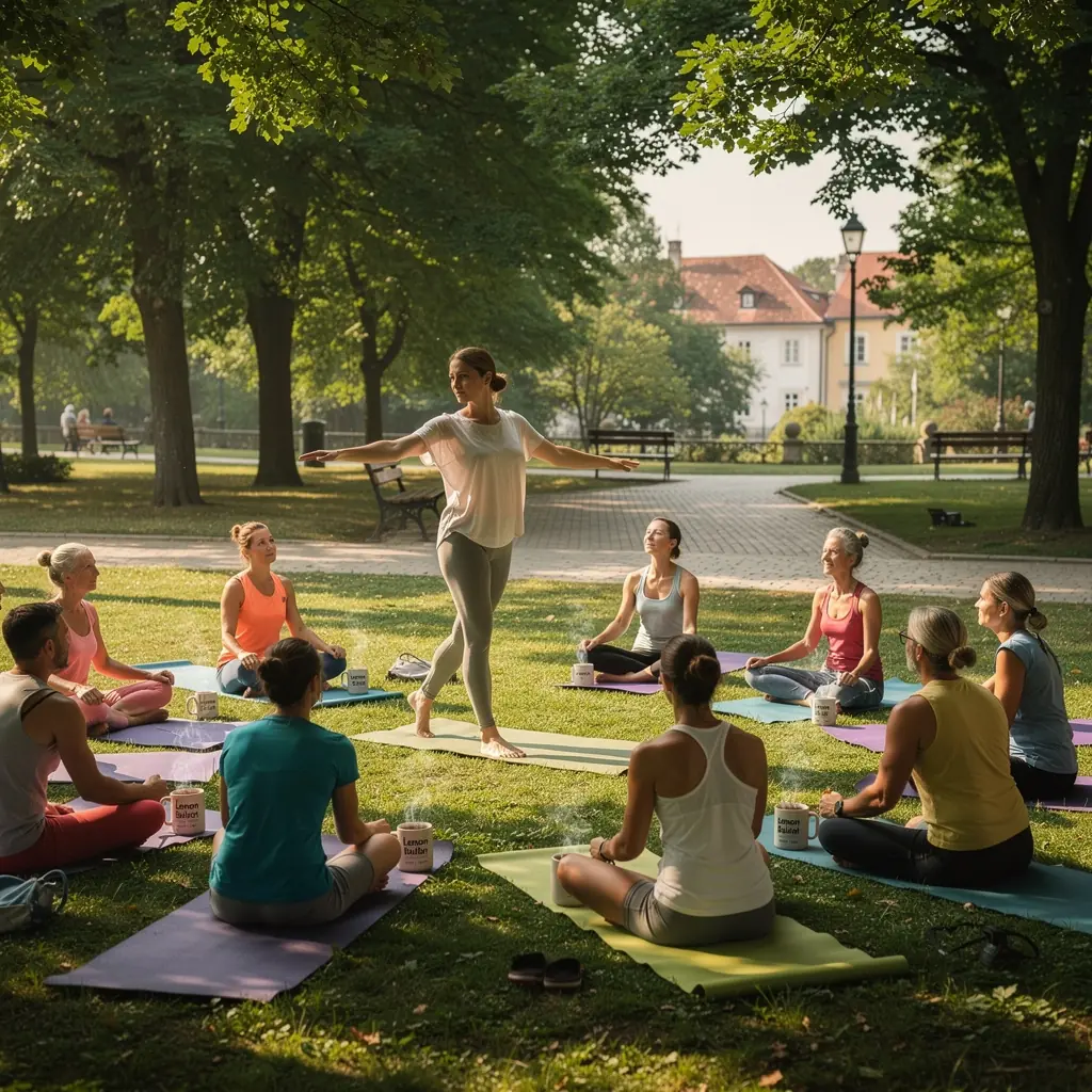 Žuta šalica čaja od melise na drvenom stolu, okružena svježim limunovim grančicama.